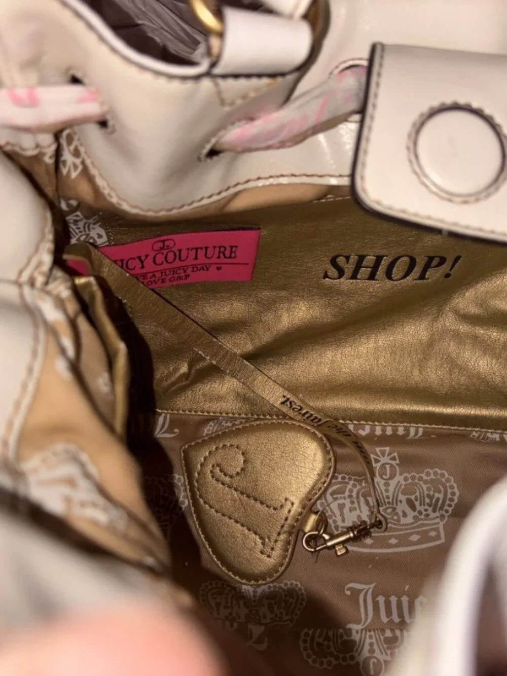 VINTAGE JUICY COUTURE DAYDREAMER White Pink Plaid Daisy Flower Charms Leather